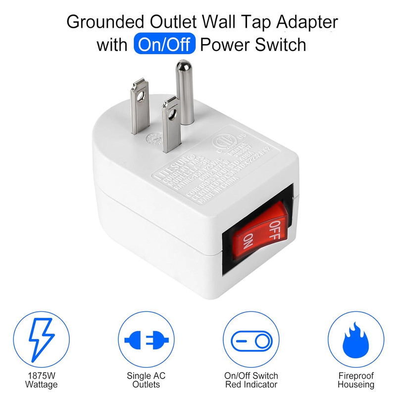 Grounded Outlet with On/Off Switch 15A 1875W Wall Tap Adapter 3-Prong 3 Pack gallery