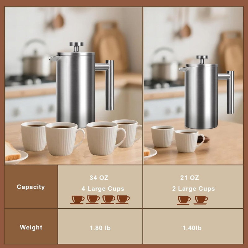 French Press 34 oz Double Wall Stainless Steel Coffee Maker gallery