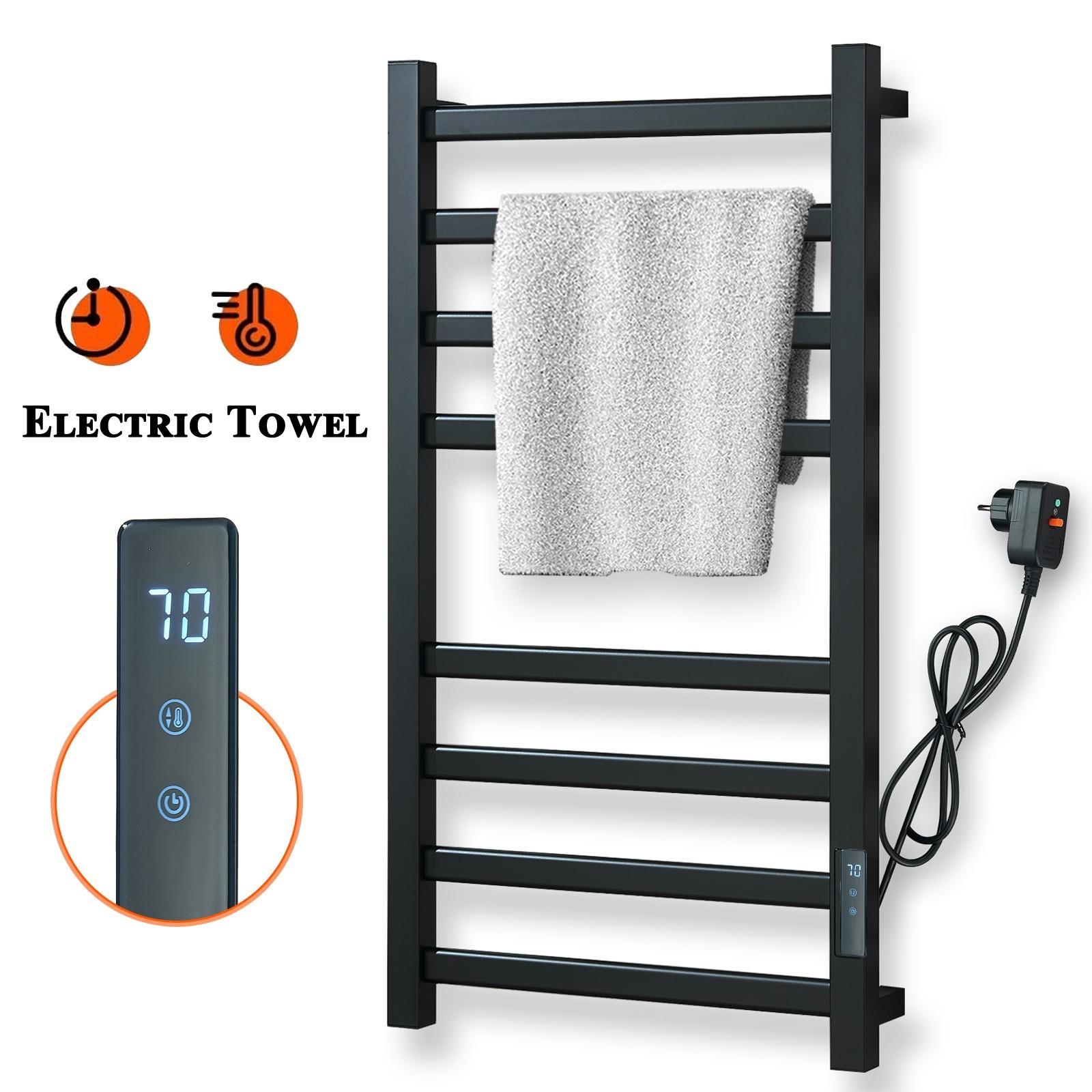 Black Heated Towel Rack Wall Mount Towel Warmer Bathroom Electric Towel Rack set gallery