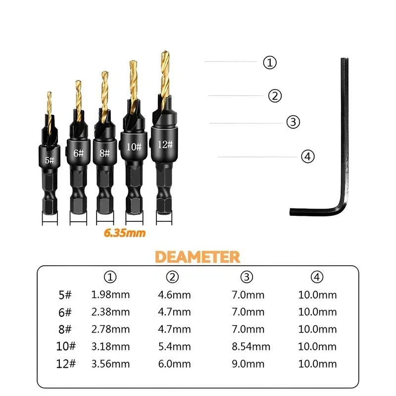 5pcs Countersink Drill Woodworking Drill Bit Set Drilling Pilot Holes for Screw gallery
