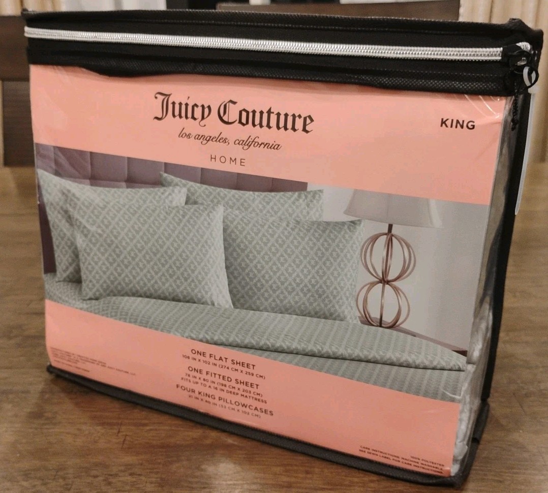 JUICY COUTURE 6-Piece Sheet Set - King - GRAY "JC" Flat, Fitted, 4 Pillowcases gallery