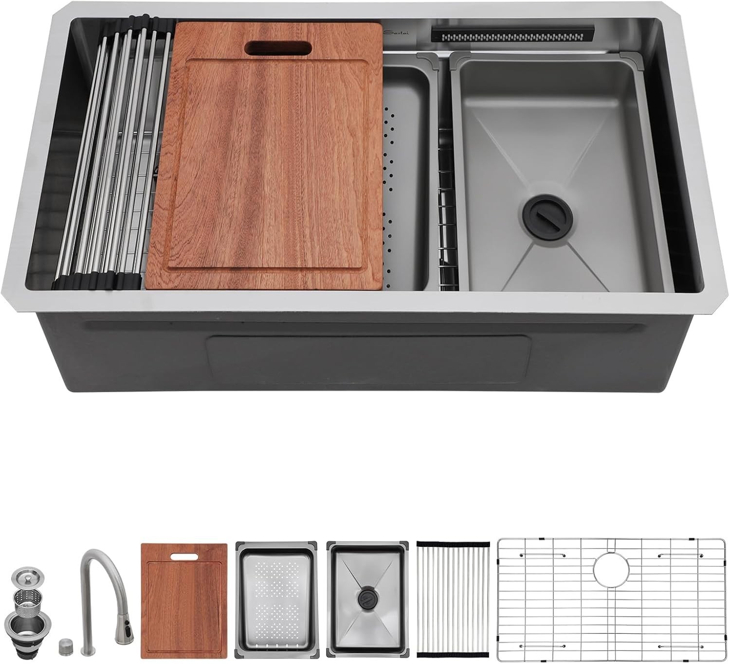 Sarlai 33" Waterfall Undermount Kitchen Sink Workstation 16 Gauge w/Faucet gallery