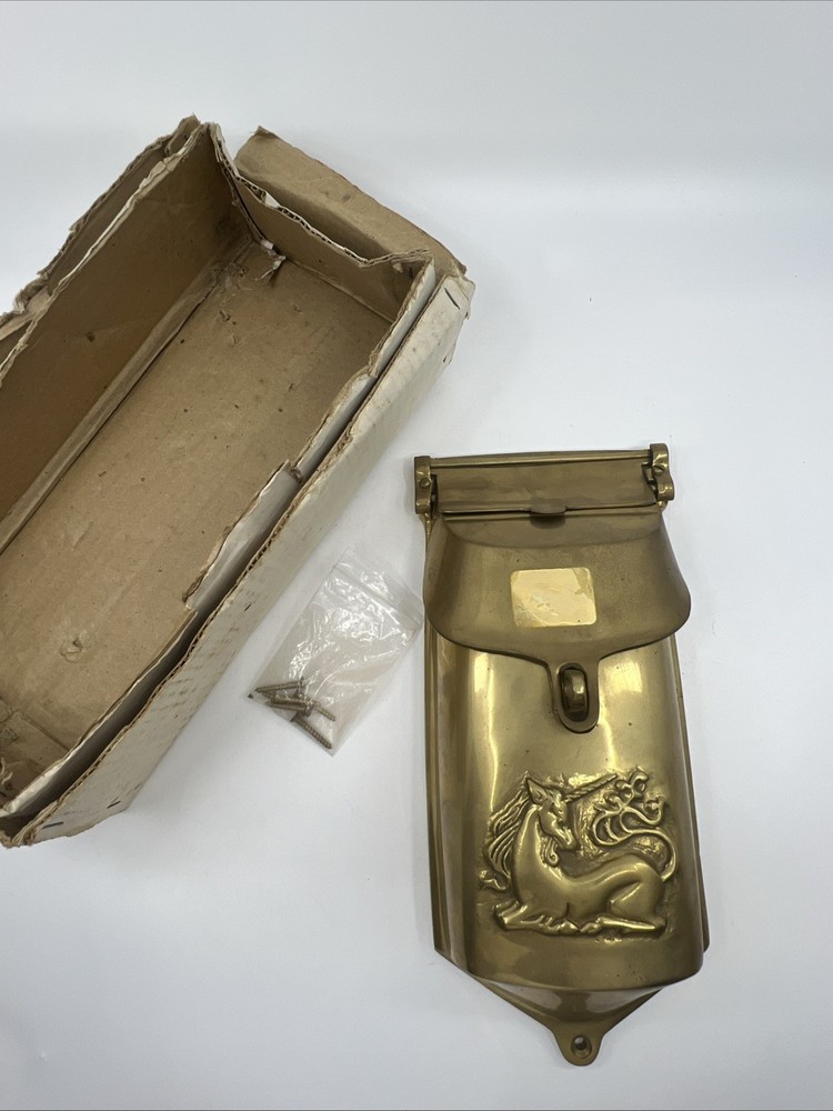 VTG Antique Solid Brass Mail Box Wall Mount Embossed RARE Unicorn Design 11x5