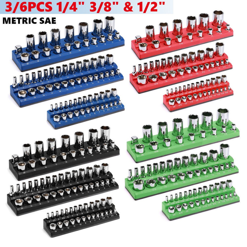 Magnetic Socket Organizer Storage Holder Set 1/4" 3/8" & 1/2"Drive Metric Or SAE