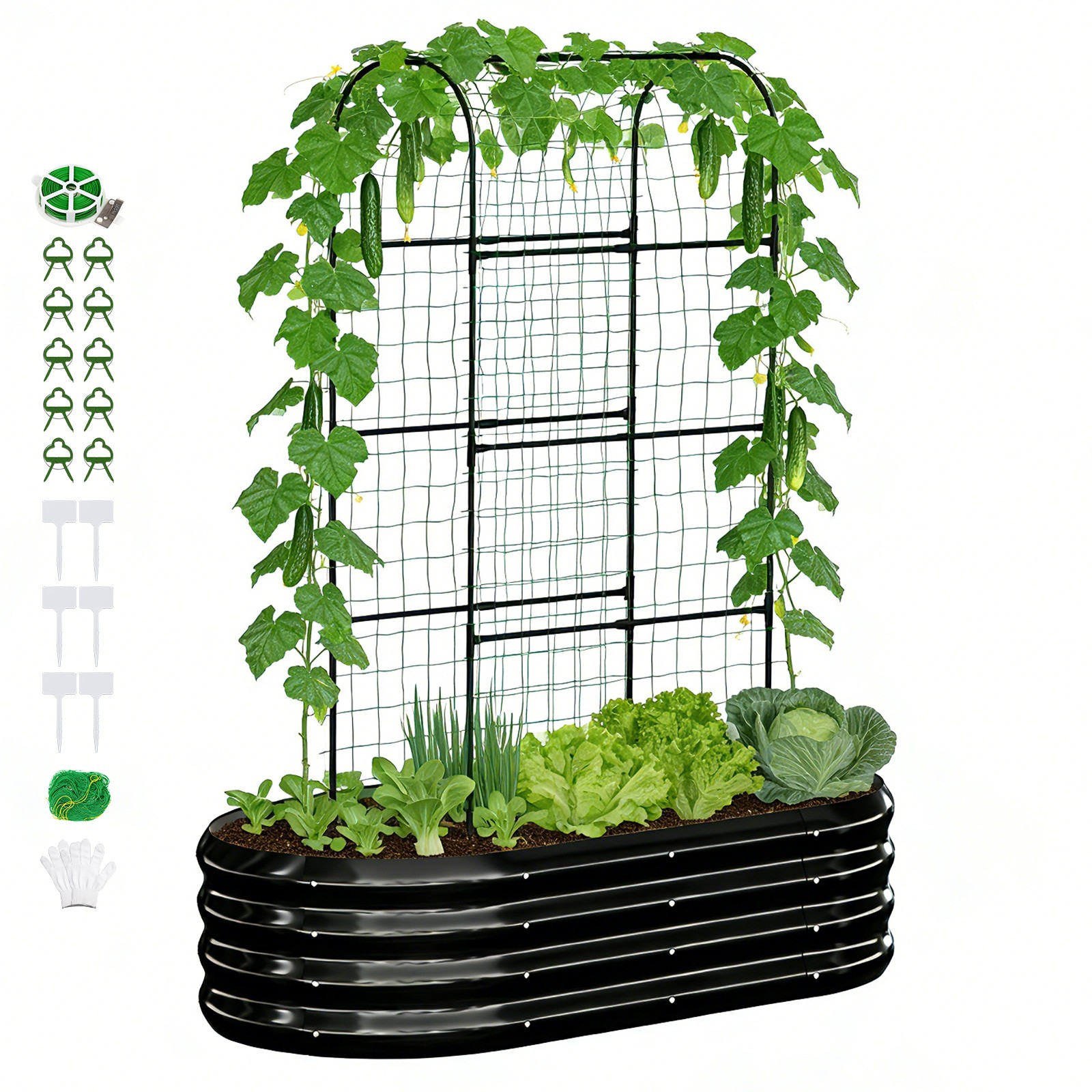 2-in-1 Galvanized Raised Garden Bed with 71" Arch Trellis for Climbing Plants. gallery