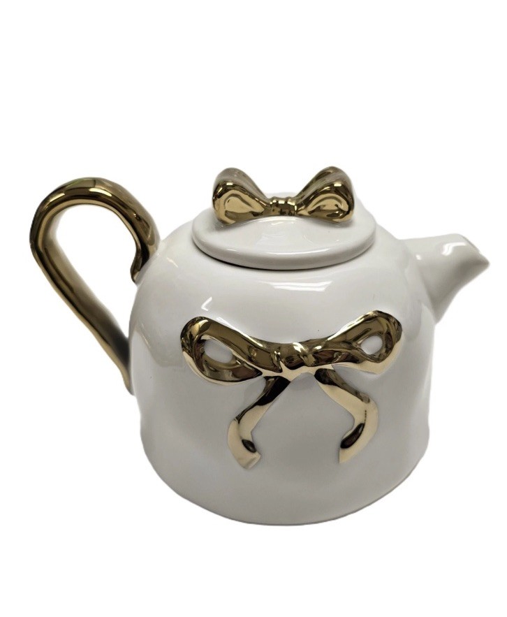 YEDI WHITE,METALLIC GOLD 3D BOW TIE SHAPE TEAPOT-BEAUTIFUL-BRAND NEW gallery