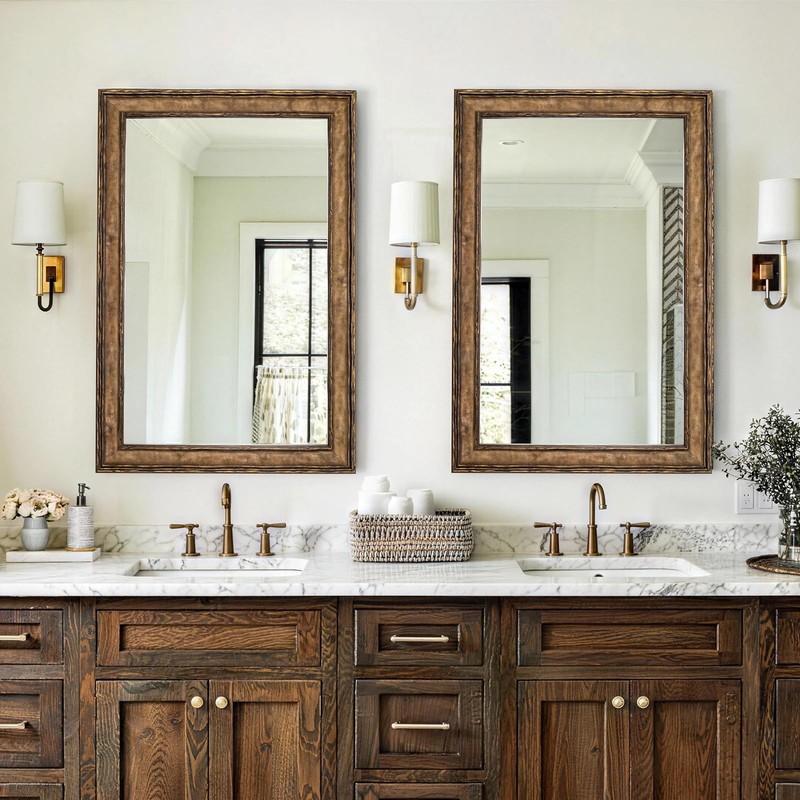 Rectangular Antique Solid Wood Frame Mirror, 37''x25'' Decorative Wall Mirror... gallery