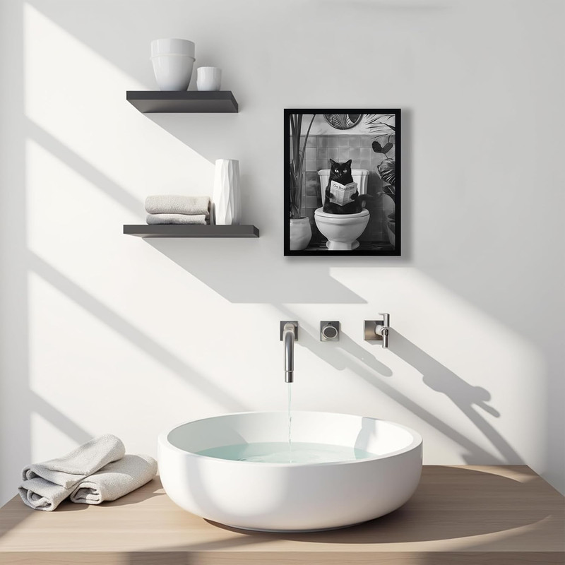 Framed Black and White Bathroom Canvas Wall Art, Funny Black Cat Sitting on Toil gallery