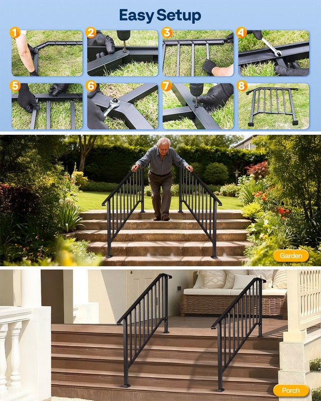 2-Pack 5 Step Hand Rails for Outdoor Steps Wrought Iron Railing for Porch Deck gallery