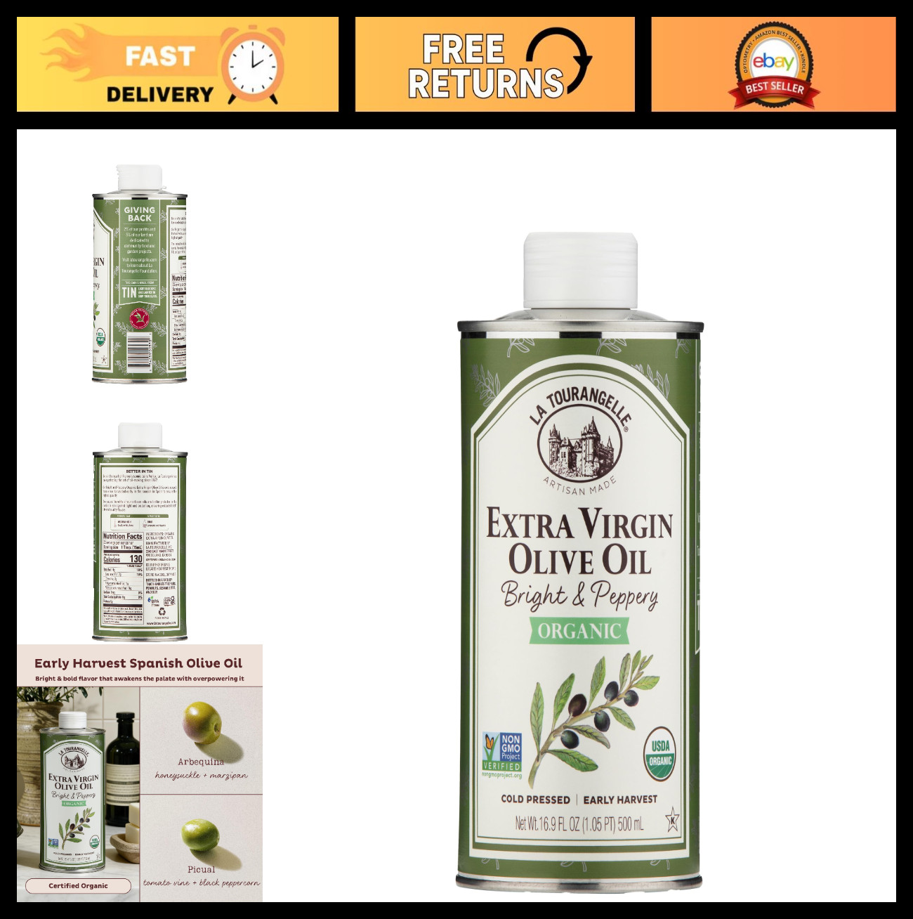 Organic Extra Virgin Olive Oil 16.9 Fl Oz - Cold-Pressed Spanish EVOO for Cookin gallery