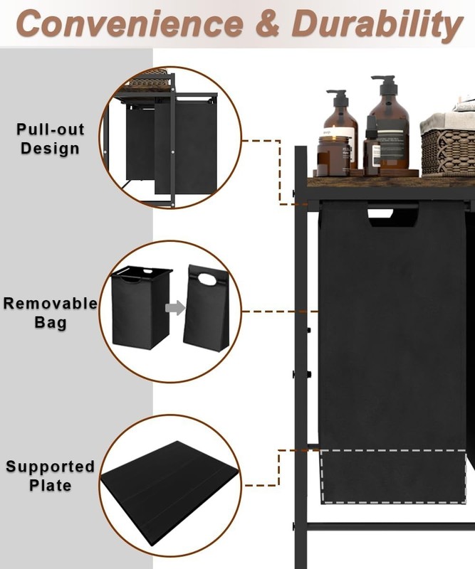 NEW Laundry Hamper 3 Bag Sorter Pull Out Removable Rustic Brown Black gallery