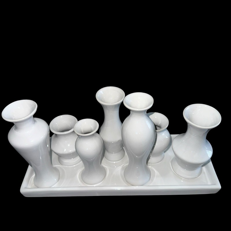 7 Bud Vases Attached Together On The Base, Ceramic Unique Art Deco White gallery
