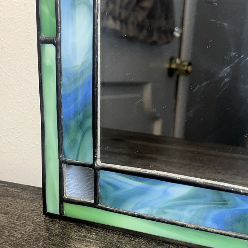 Vtg Stained Glass Mirror Rectangular Wall Hanging Handmade Decor 7x9 Blue/Green gallery