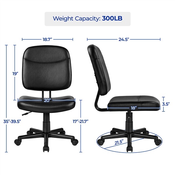 Armless Office Task Chairs Mid-Back Leather Desk Chairs Adjustable Height, Black gallery