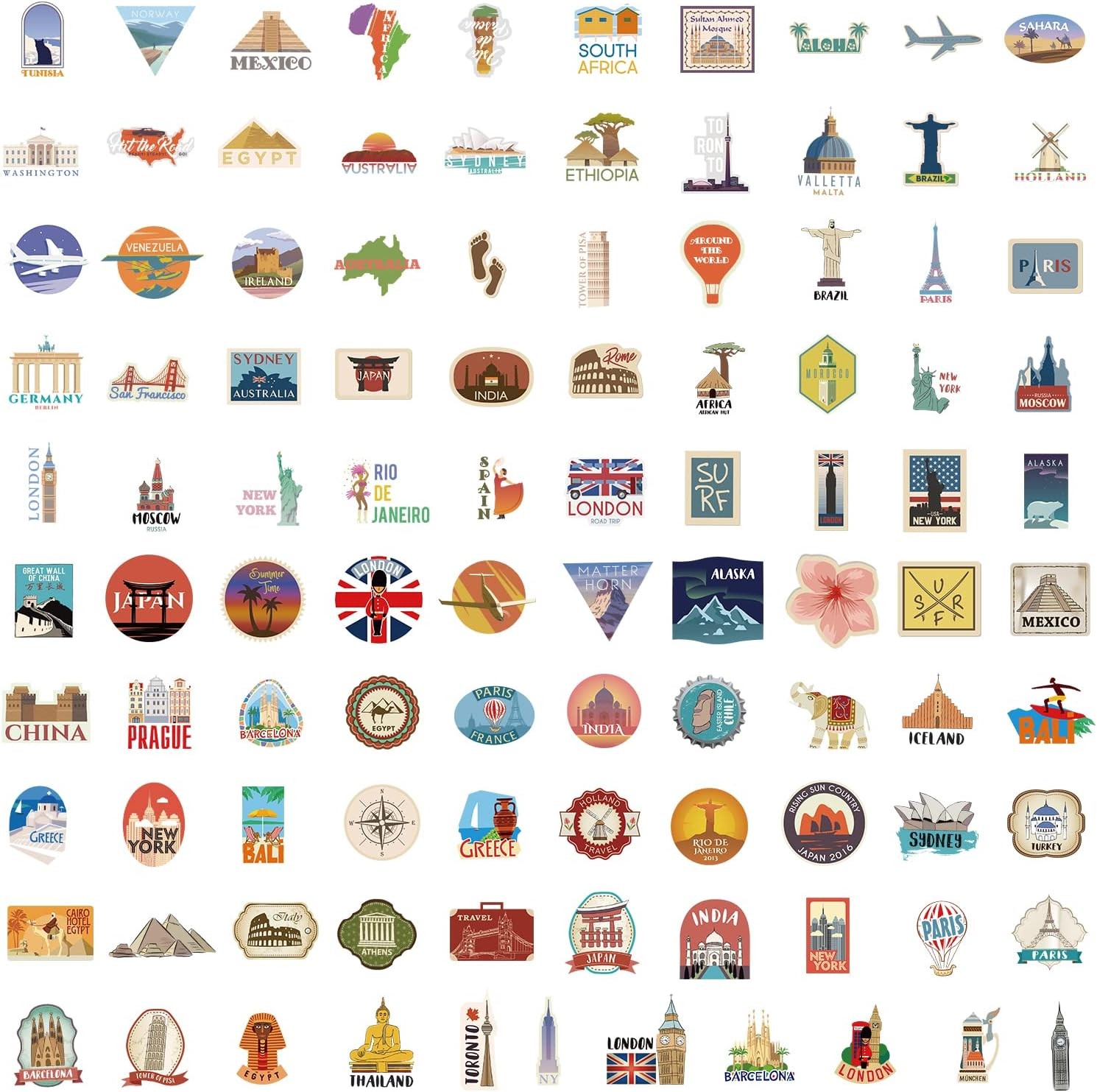 100 PCS Waterproof Travel Stickers – Map & Landmark Vintage Aesthetic Vinyl Set gallery