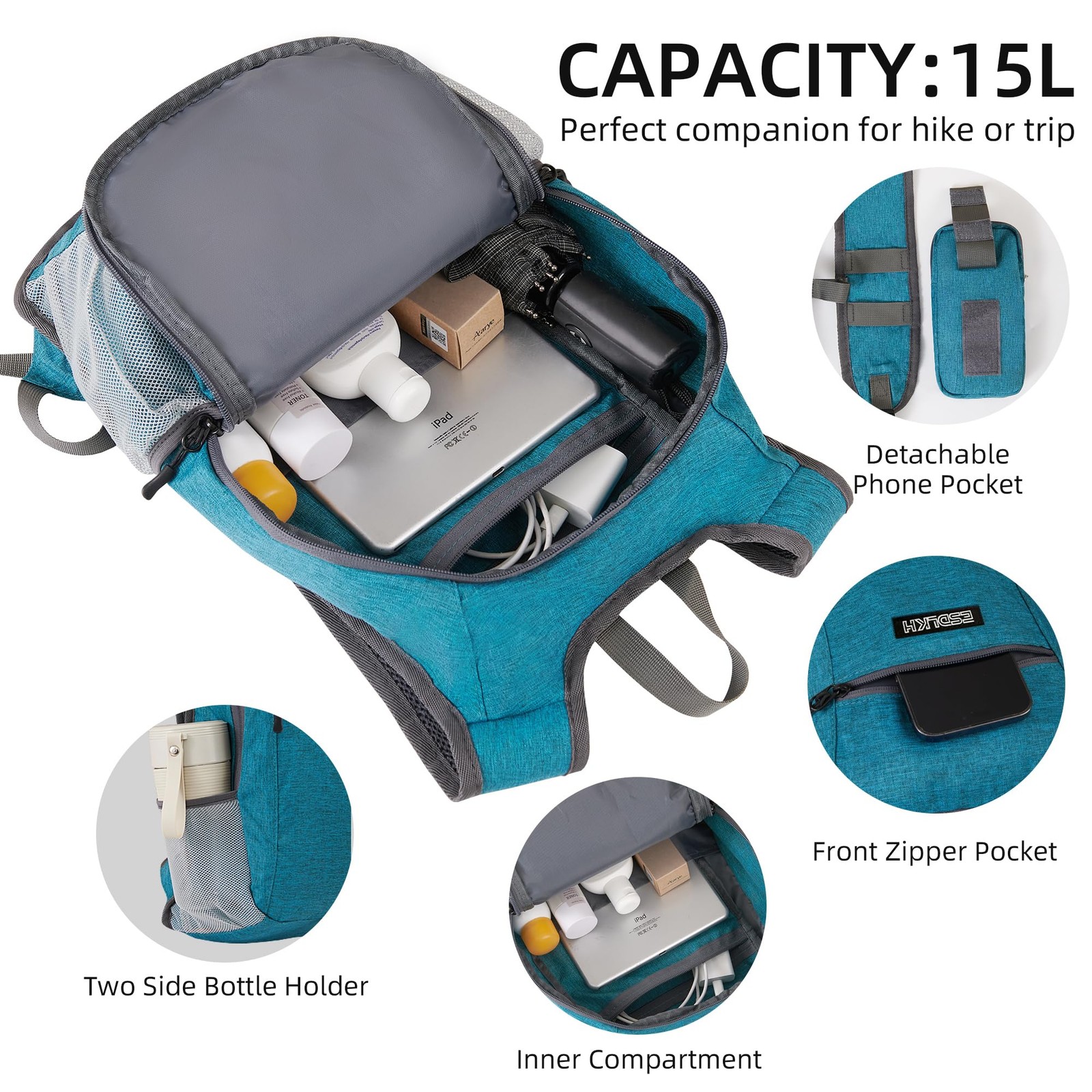 Small Hiking Backpack with Detachable Front Holder, Foldable Packable Back pa... 5