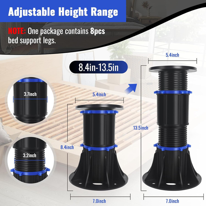 8PCS Adjustable Height Bed Support Legs 8.4-13.5 Inch, Bed Frame Support Legs fo gallery