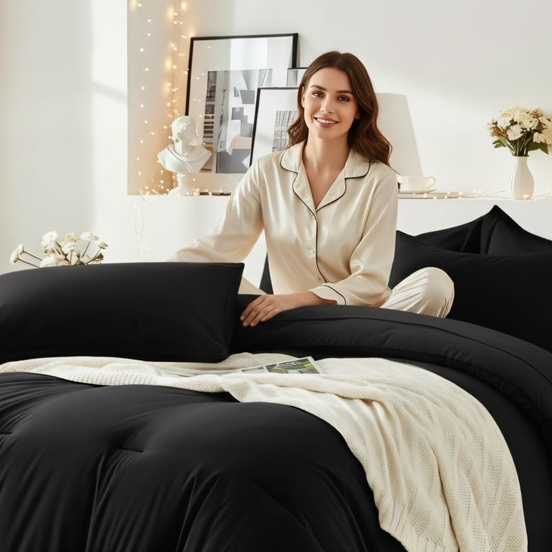 Easthome Queen Comforter Set 7 Piece - Black Soft Bed in a Bag Queen, gallery
