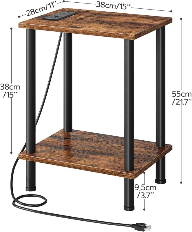HOOBRO Side/End Table with Charging Station, USB Ports and Rustic Brown+black gallery