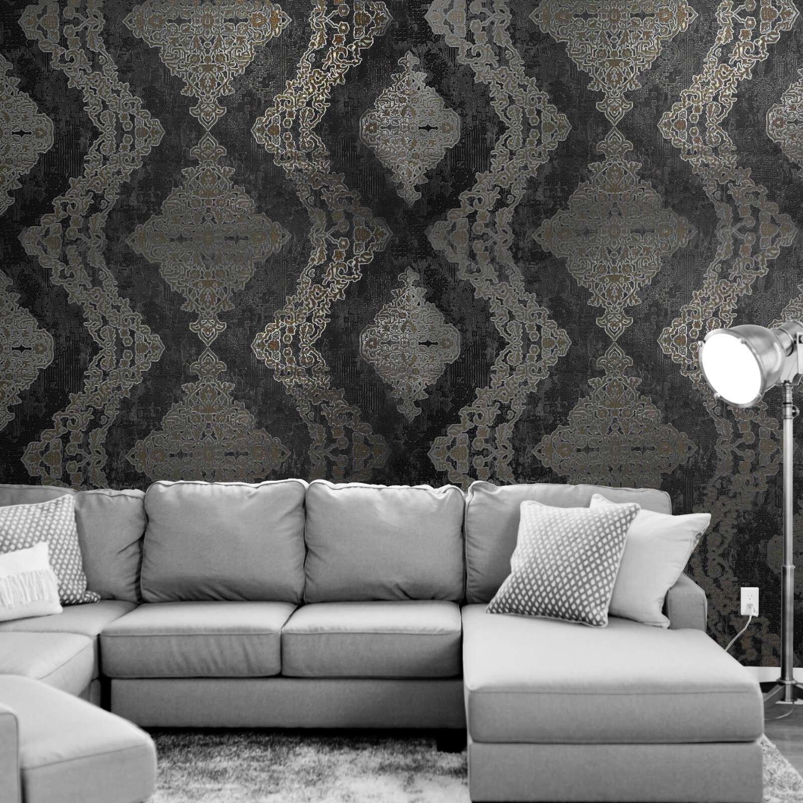 Black gray silver gold Metallic Victorian damask faux fabric textured Wallpaper gallery