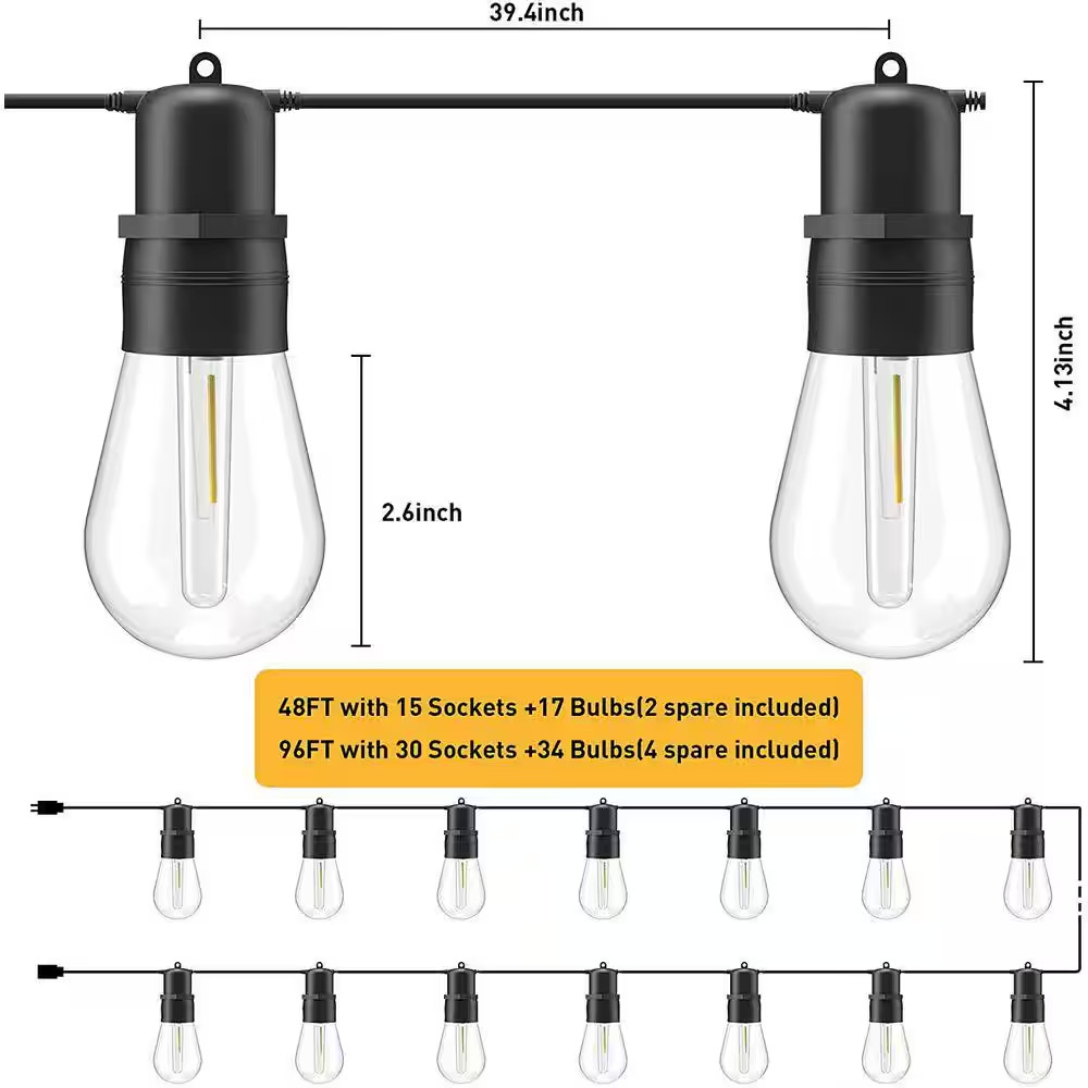 Outdoor 96 Ft. Plug-In Edison Bulbs LED String Lights with S14 30 plus 4 Spare P gallery