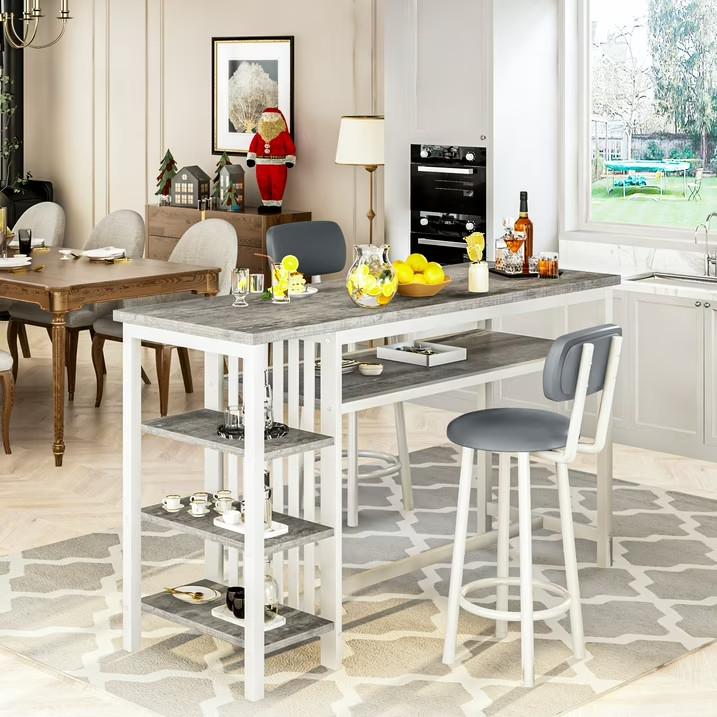 3pc Gray Pub Table Set, Counter Height Dining Table w/ 2 Upholstered Chairs gallery