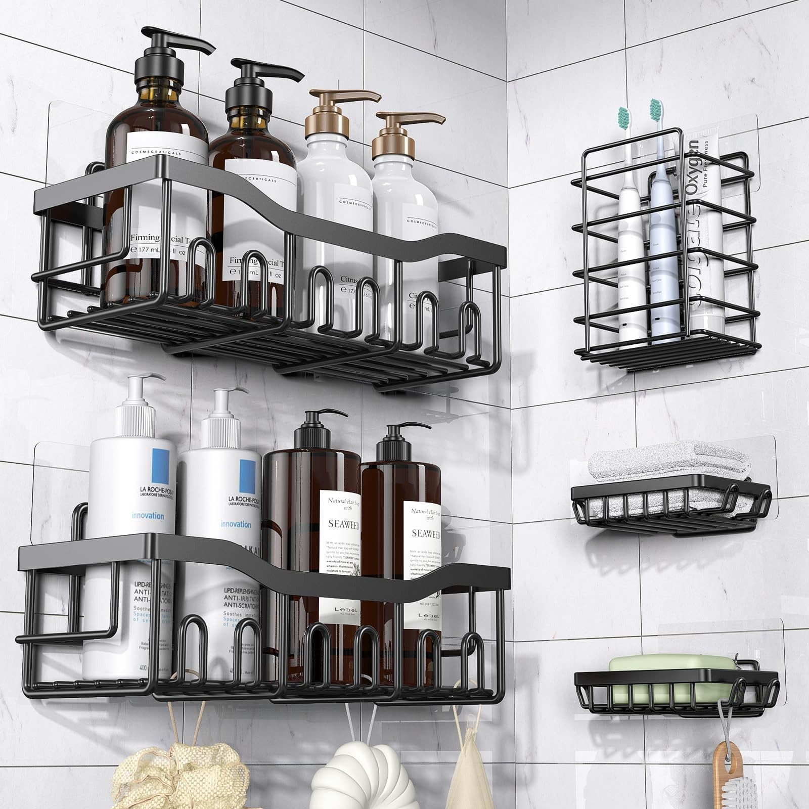 Rustproof Stainless Steel Shower Caddy Set, 5 Pack Adhesive No-Drill Bath Organi gallery