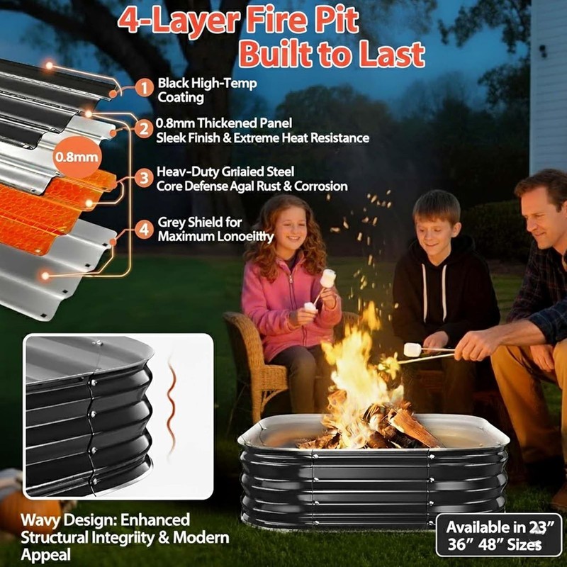 48in Square Fire Pit Ring Heavy Duty Steel Outdoor Wood Burning Firepit gallery
