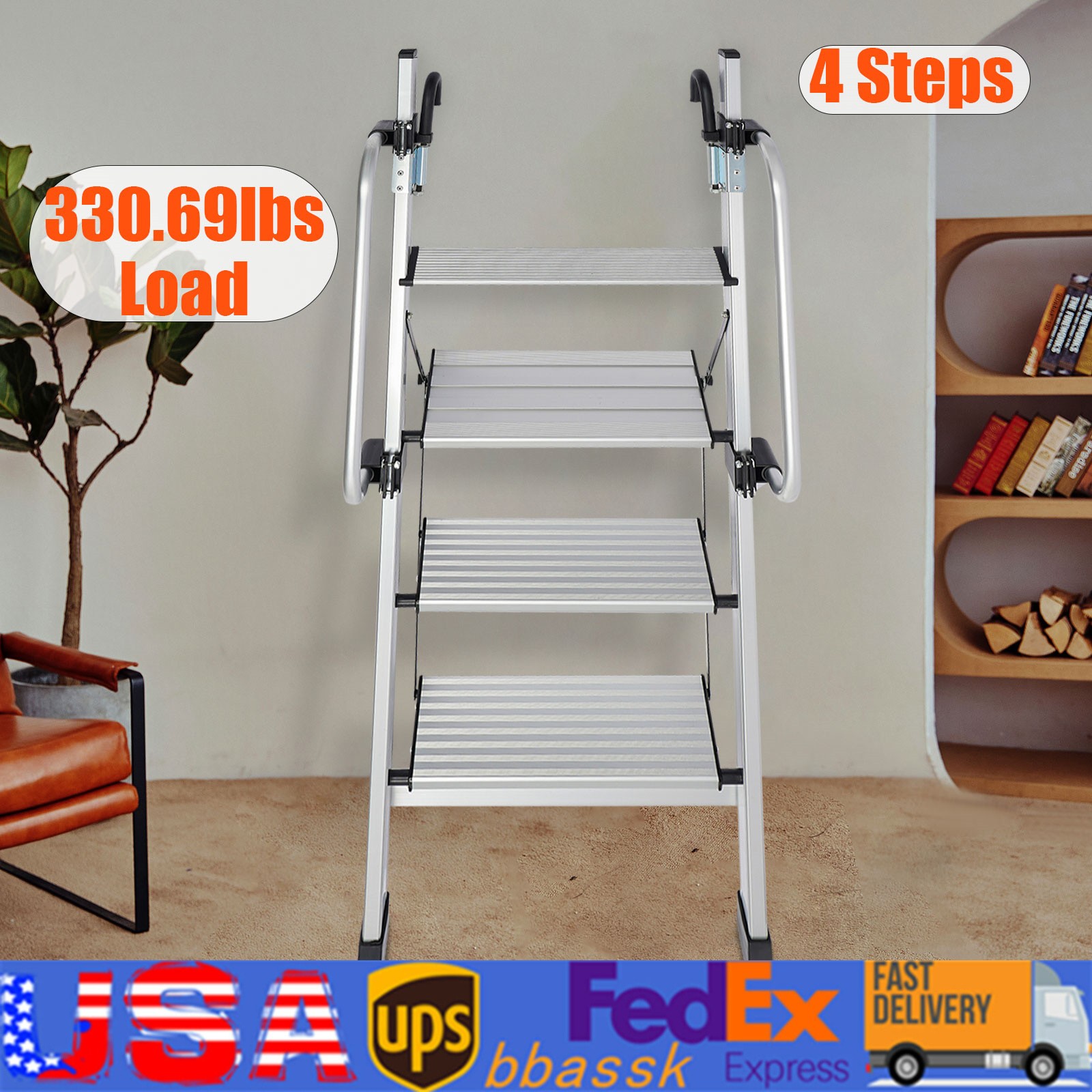 4-Step Floor Standing Bed Ladder Ladder w/ Adjustable Handrail 150kg/330.69lbs gallery