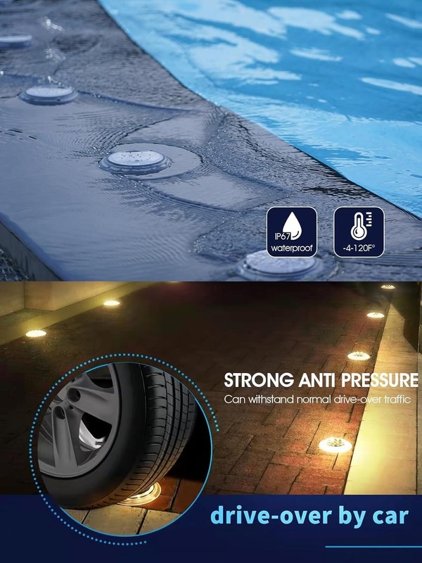 Solar Deck Lights, 8PC Round, IP67 Waterproof, Outdoor, Anti-Slip & Trip, White gallery