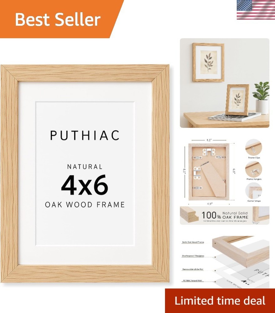 Versatile Solid Oak Picture Frame Holds 3x5 & 4x6, Easy to Hang or Stand - Beige
