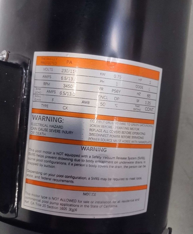 1HP Single Speed Pool Pump Motor, 1 Ph, 60hz, 230/115V, 3450 RPM, P56Y, Frame, gallery