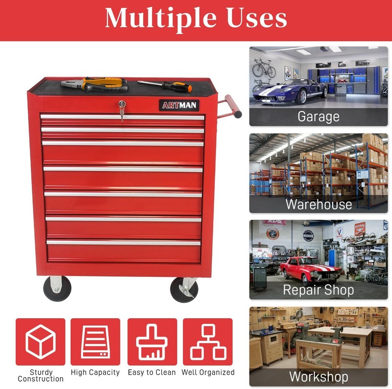 Rolling Tool Chest 7 Drawers Tool Box Lockable Tool Storage Cabinet for Garage gallery