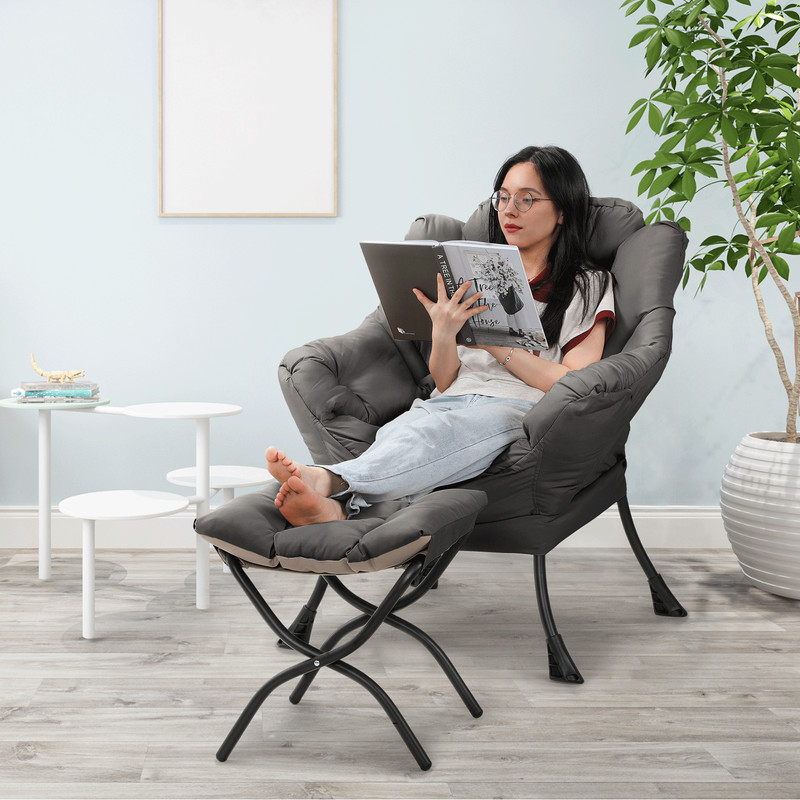 Gray Soft Accent Chair Upholstered Modern Living Room Lazy Sofa Chair w/Ottoman gallery
