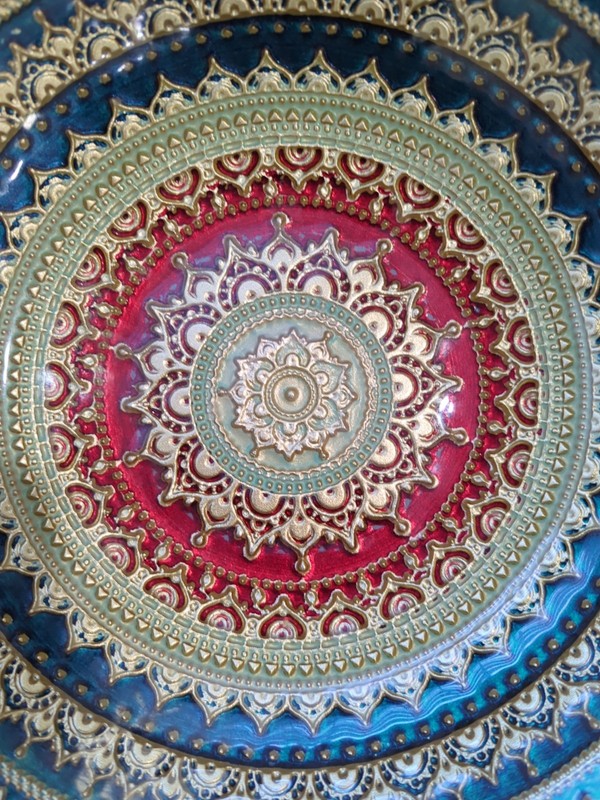 Turkish Decorative Bowl HandPainted Mandala Relief Pattern Red & Teal Large gallery