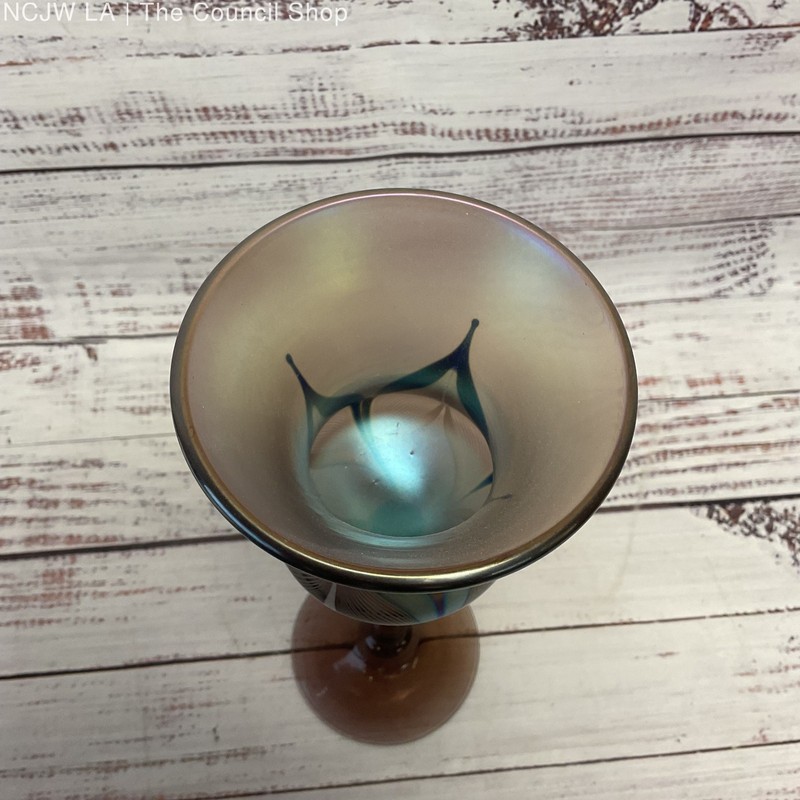 Stuart Abelman Signed Iridescent Pulled Feather Art Glass 9" Goblet 1980 gallery