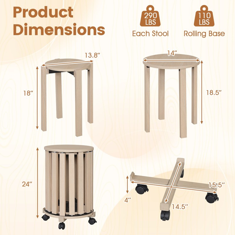 Stackable Stools Set of 4 w/Rolling Base, Locking Casters for Kitchen Apartments gallery
