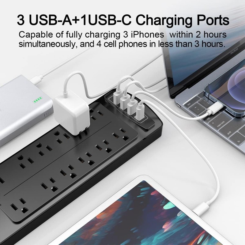 Advanced 12 Outlet Surge Protector with 4 Smart USB Ports - 2700 Joules Safety gallery