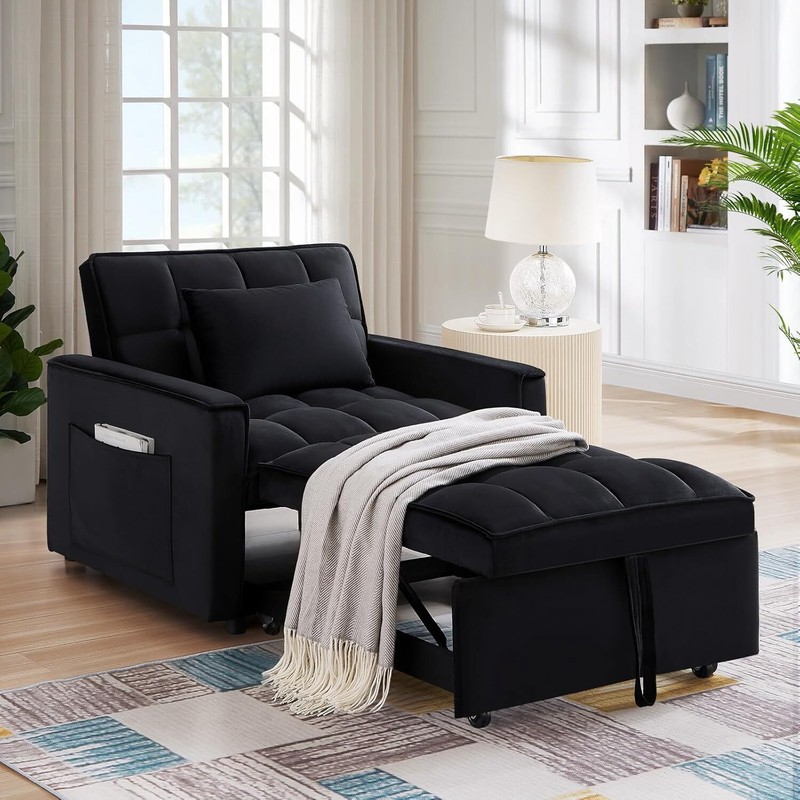 Convertible Single Sleeper Chair Bed 3in1 Modern Velvet Pull Out Tufted Sofa Bed gallery