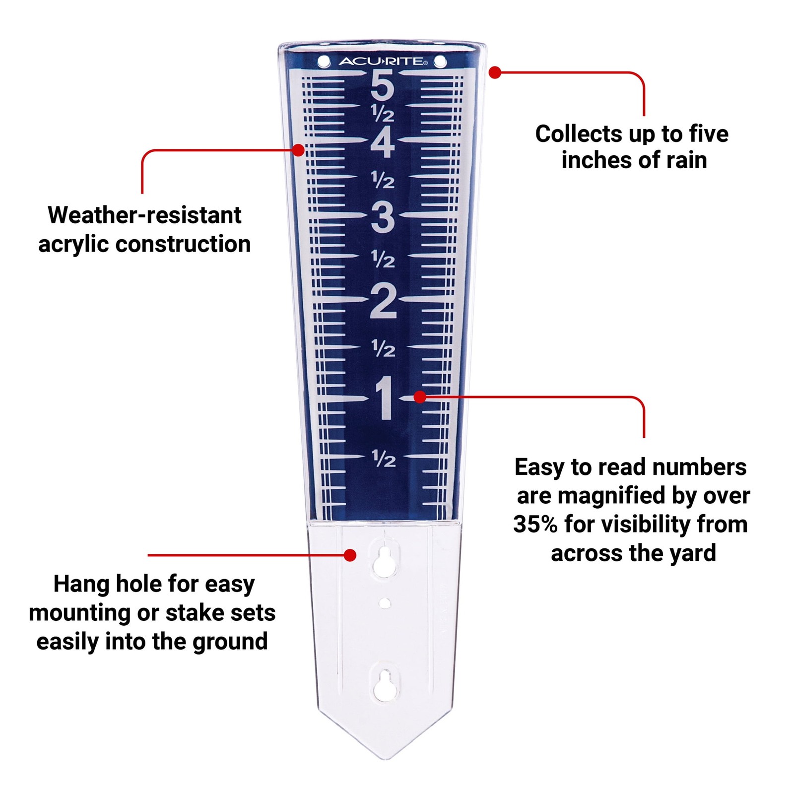 AcuRite 5-inch Blue Capacity Magnifying Rain Gauge (2" x 2.8" x 12.5") gallery