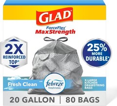 Glad Forceflex Maxstrength Kitchen Trash Bags, 20 Gal, Fresh Clean Febreze, 80 C
