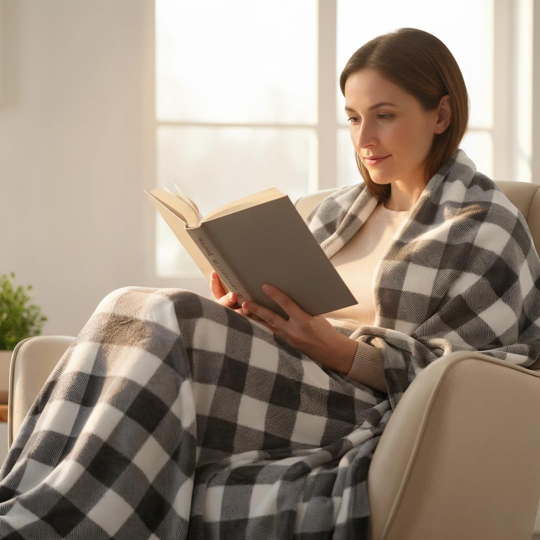 Gray White Checkered Buffalo Plaid Flannel Fleece Throw 260GSM 60x50 Inch gallery