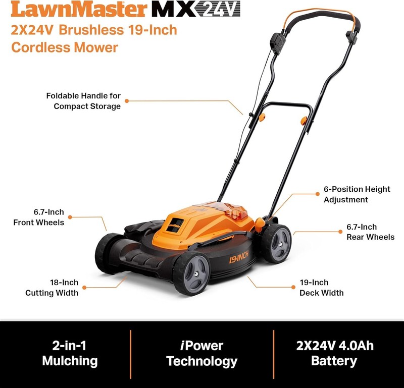 LawnMaster CLMF4819X 19-inch Brushless Cordless Lawn Mower 2X24V MAX4.0AhBattery gallery