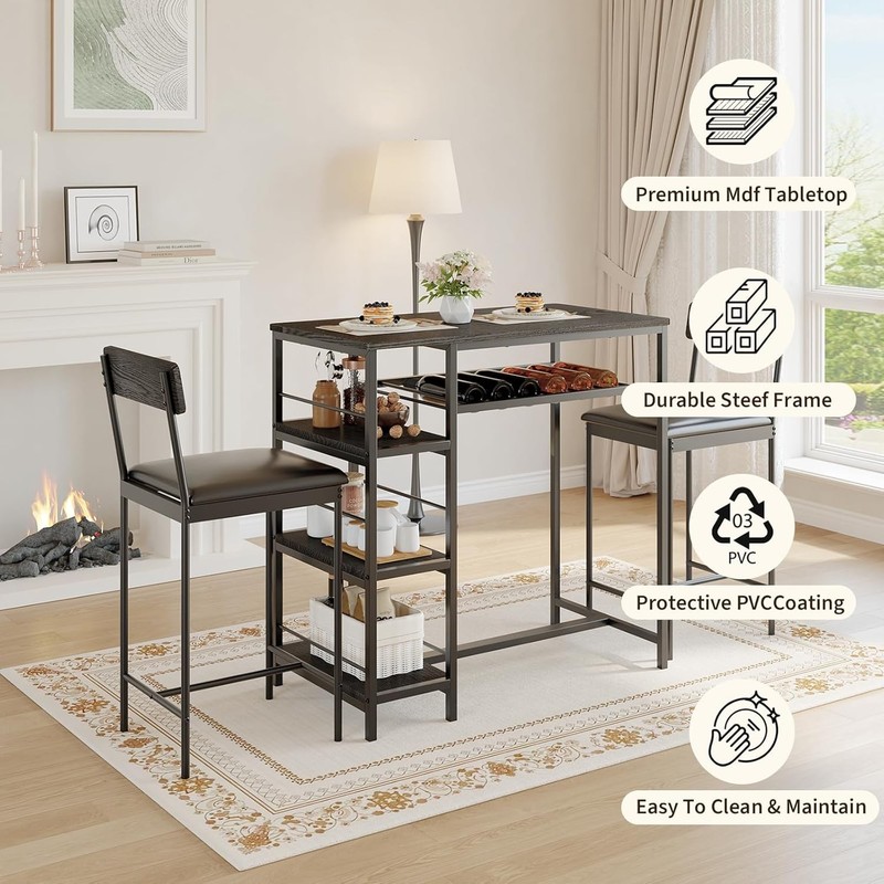 3pcs Dining Table Set for 2 Kitchen Dining Room with 2 Bar Stool and Wine Rack gallery