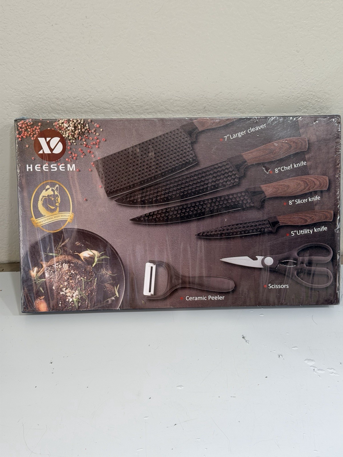 HEESEM 6-Piece Kitchen Knife Set Professional Stainless Steel Black Textured NIB gallery