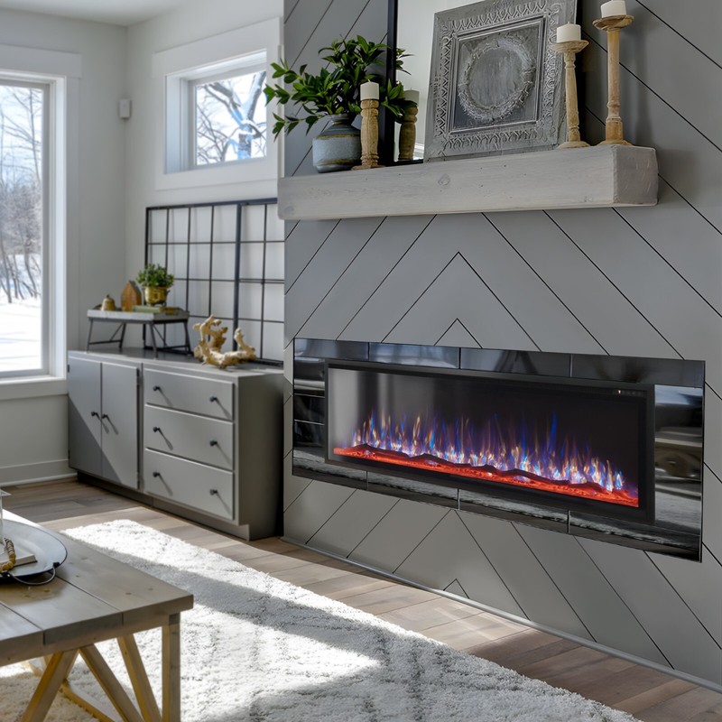 60" Thin Electric Fireplace Wall Mounted Recessed Fireplace Heater Log & Crystal gallery
