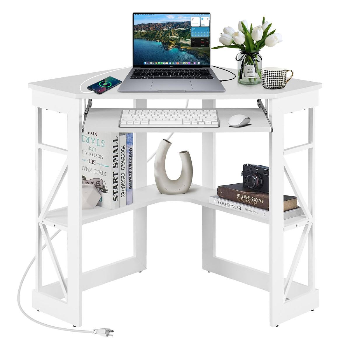 Vecelo Corner Computer Desk 41X30 Inches Charging Station Keyboard Storage gallery