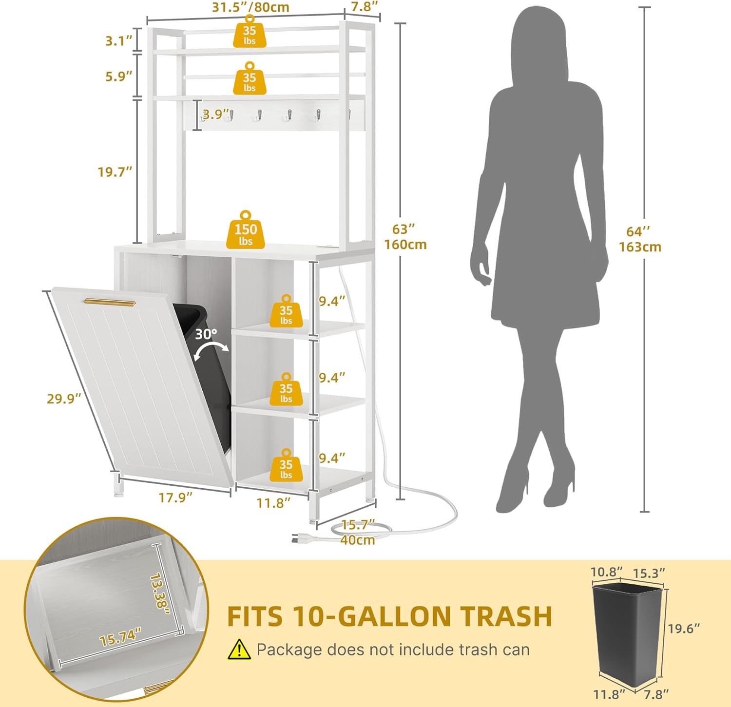 DWVO White Bakers Rack 63in Tilt Out Trash Cabinet Power Outlet gallery