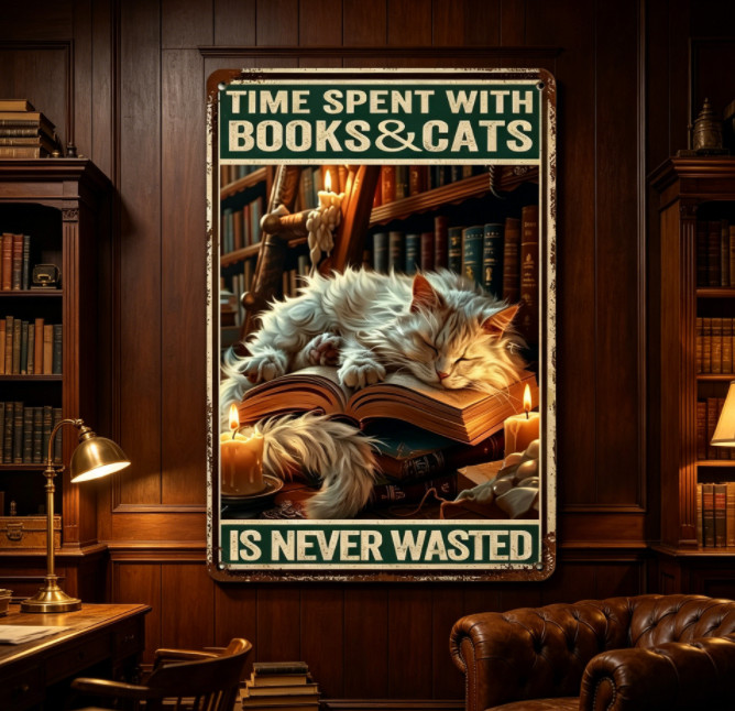 Vintage "Time Spent With Books & Cats" Tin Sign for Library home Decor gallery