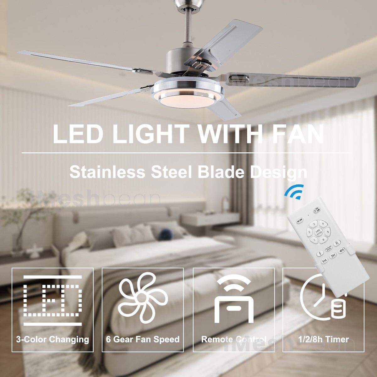 5 Blades 52" Indoor Control Remote Ceiling Fan with 3 Color LED Light w/ Remote gallery